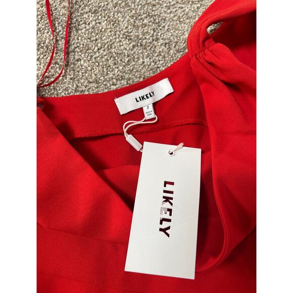 NWT Likely Women's Glam Chic Preppy Ruffle Hem One Shoulder Midi Dress Red 2 - Picture 9 of 11